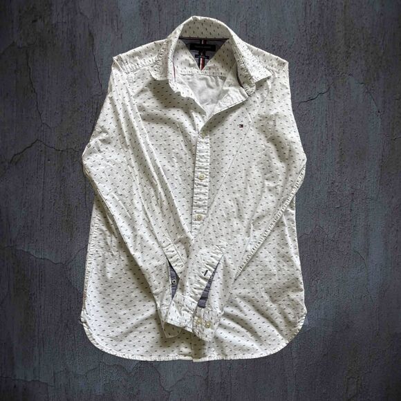 Men's TOMMY HILFIGER Shirt White Tan Print Button Up Long Sleeve Cotton Size S/P - Picture 5 of 7